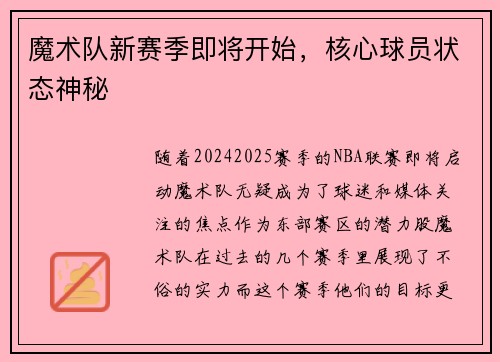 魔术队新赛季即将开始，核心球员状态神秘